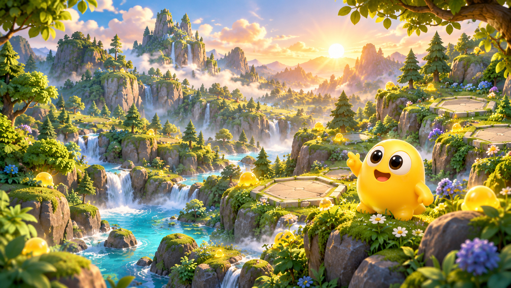 A cheerful yellow Ooz overlooking a magical forest world